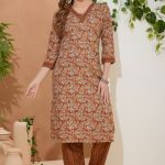 Dusty Rust V Neck Kurti Pant Suit For Women. Embellished with Decorative Golden Beads and Thread Work.