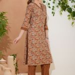Dusty Rust V Neck Kurti Pant Suit For Women. Embellished with Decorative Golden Beads and Thread Work.