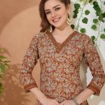 Dusty Rust V Neck Kurti Pant Suit For Women. Embellished with Decorative Golden Beads and Thread Work.