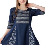 Effortless Style Blue Denim Frock Tunic with Classic Thread Work