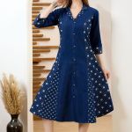 Exclusive Denim Blue A Line Indo Western Dress With Coat Collar