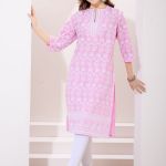 Pink Pure Cotton Chikankari Long Kurti for Women