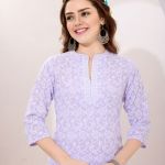Light Purple Pure Cotton Chikankari Long Kurti for Women