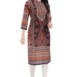 Beautiful Brown Designer Digital Print Masleen Fabric Long Kurti Tunic