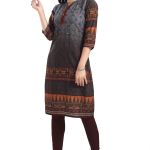 Beautiful Brown Designer Digital Print Cotton Slub Fabric Long Kurti Tunic