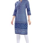 Indigo Blue Designer Digital Print Cotton Slub Fabric Long Kurti Tunic