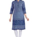 Indigo Blue Designer Digital Print Cotton Slub Fabric Long Kurti Tunic