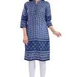 Indigo Blue Designer Digital Print Cotton Slub Fabric Long Kurti Tunic