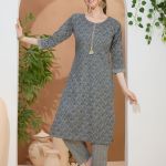 Everyday Gray Round Neck Kurti Pant Suit For Women. Embellished with Decorative Buttons and Thread Work.