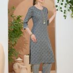 Everyday Gray Round Neck Kurti Pant Suit For Women. Embellished with Decorative Buttons and Thread Work.
