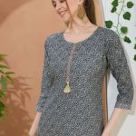 Everyday Gray Round Neck Kurti Pant Suit For Women. Embellished with Decorative Buttons and Thread Work.