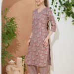 Floral Coral V Neck Kurti Pant Suit For Women. Embellished with Golden Beads and Thread Work.