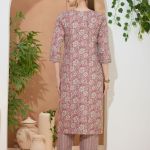 Floral Coral V Neck Kurti Pant Suit For Women. Embellished with Golden Beads and Thread Work.
