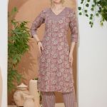 Floral Coral V Neck Kurti Pant Suit For Women. Embellished with Golden Beads and Thread Work.