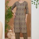 Golden Crown Brown Round Neck Kurti Pant Suit For Women. Embellished with Golden Beads and Thread Work.