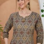 Golden Crown Brown Round Neck Kurti Pant Suit For Women. Embellished with Golden Beads and Thread Work.