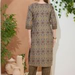 Golden Crown Brown Round Neck Kurti Pant Suit For Women. Embellished with Golden Beads and Thread Work.