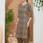 Golden Crown Brown Round Neck Kurti Pant Suit For Women. Embellished with Golden Beads and Thread Work.