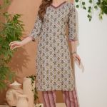 Runway Gray V Neck Kurti Pant Suit For Women. Embellished with Golden Beads and Thread Work.