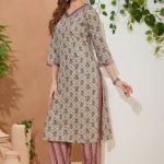 Runway Gray V Neck Kurti Pant Suit For Women. Embellished with Golden Beads and Thread Work.