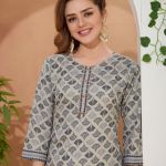 Sway Gray Round Neck Kurti Pant Suit For Women. Embellished with Golden Beads and Thread Work.