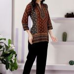 Brown Cotton Print Ban Collar Short Tunic Top