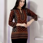 Brown Cotton Print Ban Collar Short Tunic Top
