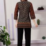 Brown Cotton Print Ban Collar Short Tunic Top