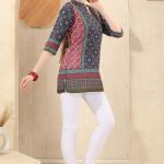 Black n Pink Cotton Print Mandarin Collar Short Tunic Top