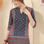 Black n Pink Cotton Print Mandarin Collar Short Tunic Top