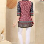 Black n Pink Cotton Print Mandarin Collar Short Tunic Top