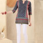 Black n Pink Cotton Print Mandarin Collar Short Tunic Top