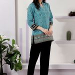 Turquoise Jaipuri Cotton Print Mandarin Collar Short Tunic Top
