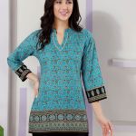 Turquoise Jaipuri Cotton Print Mandarin Collar Short Tunic Top