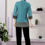 Turquoise Jaipuri Cotton Print Mandarin Collar Short Tunic Top