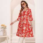 Red Linen Cotton Princess Cut Long Kurta For Women