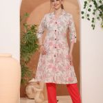 Pink Rose Flower Print Linen Cotton Princess Cut Long Kurta For Women