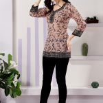 Elegant Peach Floral Print Cotton Short Kurti with Round Neck
