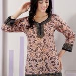 Elegant Peach Floral Print Cotton Short Kurti with Round Neck