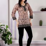 Elegant Peach Floral Print Cotton Short Kurti with Round Neck