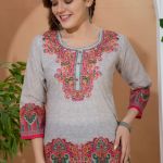 Beige Ethnic Print Cotton Round Neck Short Kurti