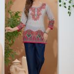 Beige Ethnic Print Cotton Round Neck Short Kurti