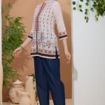 Elegant Beige Color Ethnic Print Cotton Short Kurti with Ban Collar