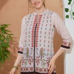 Elegant Beige Color Ethnic Print Cotton Short Kurti with Ban Collar