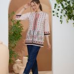 Elegant Beige Color Ethnic Print Cotton Short Kurti with Ban Collar