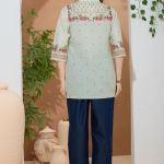 Elegant Pista Color Ethnic Print Cotton Short Kurti with Ban Collar