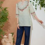 Elegant Pista Color Ethnic Print Cotton Short Kurti with Ban Collar