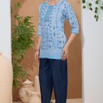 Elegant Sky Blue Ethnic Print Cotton Short Kurti With Thread Work