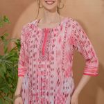 Elegant Tomato Ethnic Print Cotton Short Kurti With Thread Work