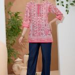 Elegant Tomato Ethnic Print Cotton Short Kurti With Thread Work